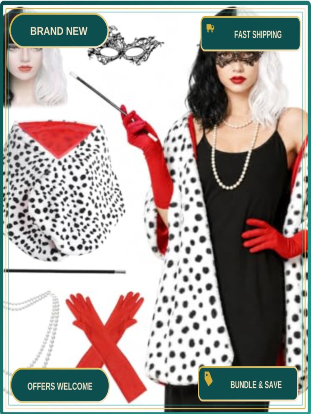 Dalmatian Costume Set 6 Piece Adults Halloween Animal Print Polyester